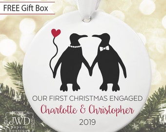 Our First Christmas Engaged Ornament - Personalized Engagement Gift - Personalized First Christmas Ornament - Penguin Couple