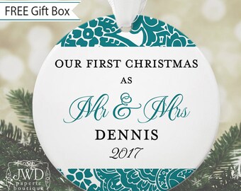 Mr and Mrs Our First Christmas Ornament Personalized Wedding Ornament Personalized Wedding Gift - Majestic Pattern - Item#OR1706