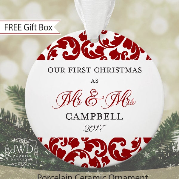 Our First Christmas Mr and Mrs Wedding Ornament Personalized Wedding Gift for Couple - Kirkland Pattern - Item#OR1710