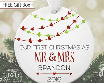 First Christmas as Mr & Mrs Ornament Personalized Christmas Ornament Bridal Shower Gift Newlywed Gift for Wedding Heart Garland #OR1601