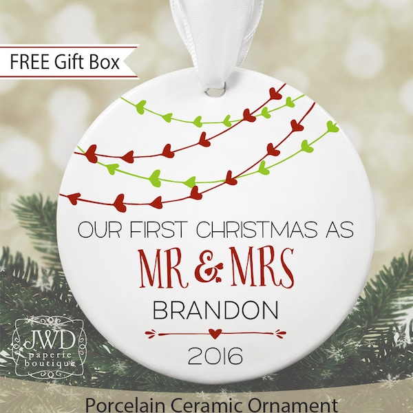 First Christmas as Mr & Mrs Ornament Personalized Christmas Ornament Bridal Shower Gift Newlywed Gift for Wedding Heart Garland #OR1601