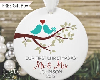 Our First Christmas as Mr and Mrs Ornament Personalized Newlywed Gift Love Bird Ornament Couples Gift - Item# LBB-MM