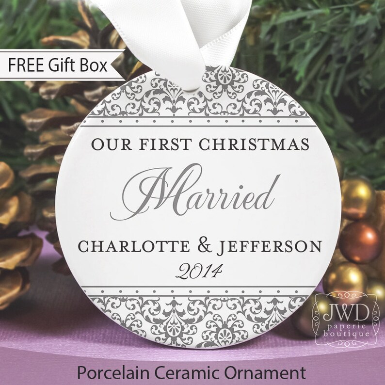 Our First Christmas Married Ornament Wedding Gift Personalized Christmas Ornament Bridal Shower Gift Mr Mrs Ornament Jazzy Damask OR1722 image 1