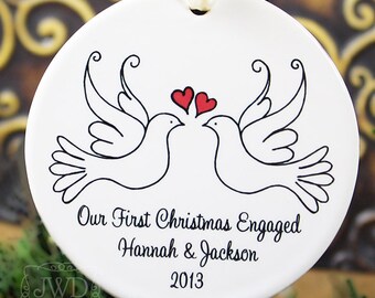 Our First Christmas Ornament Personalized Engagement Gift LoveBirds Doves Porcelain Ceramic Ornament - Item# DOV-O