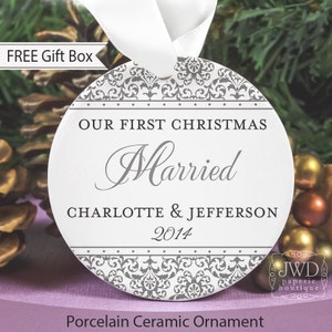 Our First Christmas Married Ornament Wedding Gift Personalized Christmas Ornament Bridal Shower Gift Mr Mrs Ornament Jazzy Damask OR1722 image 2