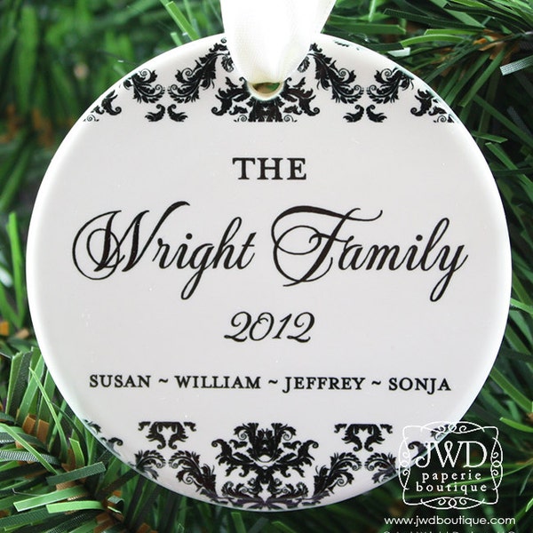 Personalized Family Christmas Ornament Family Christmas Gift Idea Personalized Ceramic Ornament with Family Name - Dainty Damask Item#OR1727