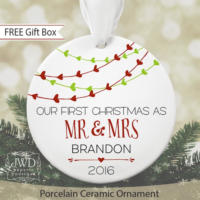 First Christmas as Mr & Mrs Ornament Personalized Christmas Ornament Bridal Shower Gift Newlywed Gift for Wedding Heart Garland OR1601 image 1