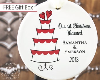 Newlywed Christmas Ornament Personalized Ornament Our First Christmas Married Engagement Gift Wedding Cake Ornament  - Item# SCA-O