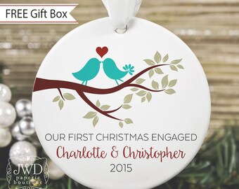 First Christmas Engaged Personalized Christmas Ornament Engagement Christmas Ornament Lovebirds Name & Date Love Bird Ornament - Item# LBB-O