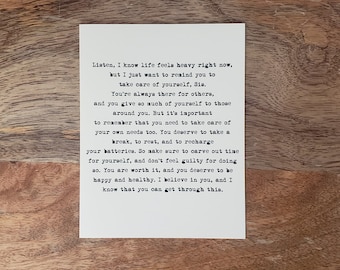 When Life Feels Heavy...Typewriter Print/Recycled 4 x 5 Kraft Card encouragement card, self-care card, mental health card grief card