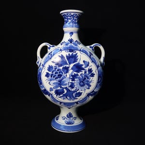 Royal Delft Floral Pattern Two-Handled Vase, Handcrafted in the 1970s