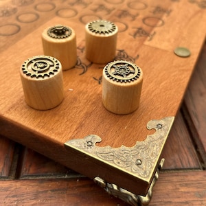4 game pieces Vintage Steampunk Design - 4 handmade wooden game pieces with metal decorations - Nine Men&#39;s Morris - Checkers - Ludo - Pachisi