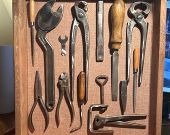 古工具　アンティーク Antique Tools in a Picture Frame - Vintage Tools. Industrial