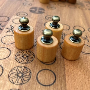 4 game pieces Vintage Steampunk Design - 4 handmade wooden game pieces with metal decorations - Nine Men&#39;s Morris - Checkers - Ludo - Pachisi