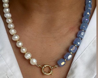 Collana Girocollo Donna Con Perline Azzurre E Catena Dorata, Lunghezza 40 Cm + 6 Cm Di Estensione, In Acciaio Al Titanio, Stile Bohémien - 3