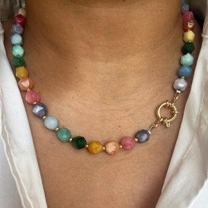 Rainbow Quartz Stone Beaded Necklace with 18K gold plated spring clasp
