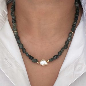 Moss Stone Necklace with a Pearl-like Gemstone and 18k Gold Toggle Clasp