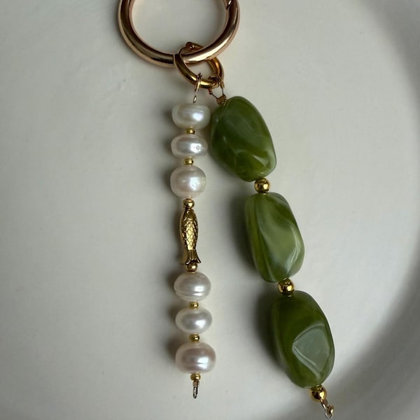 Freshwater Pearl Bag Charm: Gold Fish Accent, Acrylic Beaded Purse Jewelry