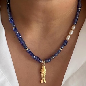 Blue Beaded Necklace with Gold Fish Pendant and Freshwater Pearls
