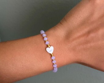 Pulsera elástica de lavanda para San Valentín con cuenta decorativa de corazón de concha