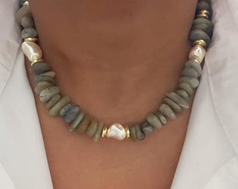Coastal Stone & Pearl InspiredStatement Necklace | Natural Stone Chips | 18K Gold Plated Toggle Clasp