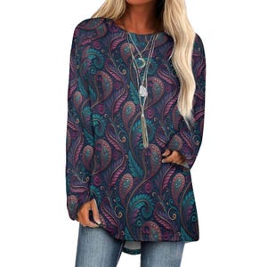 Jewel Tone Paisleys Custom Women&#39;s Long Sleeve U-Neck T-Shirts