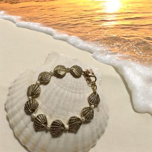 Seashell and Starfish Freshwater Pearls Beaded Handmade Coastal Bracelets - Shella Bella Vacation Florida Beach Gold Silver