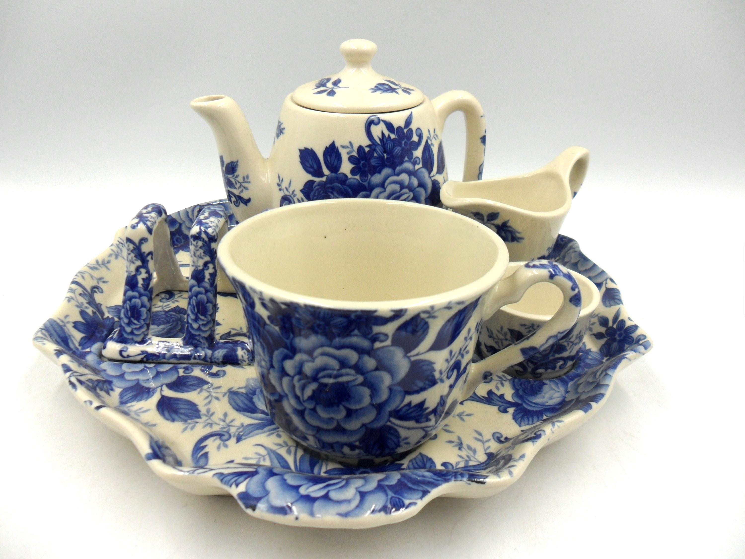 Heron Cross Pottery Monaco Blue Breakfast Set: Teapot, Cup, Tray