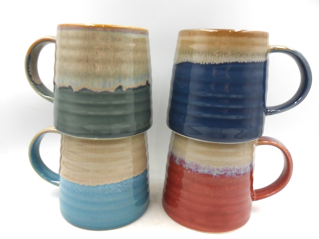 Set of 4 Reactive Glaze Creme Brulee Mugs in Assorted Seashore Glazes ...