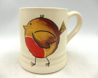 Cheerful Handmade Christmas Robin Design Tankard Mug.