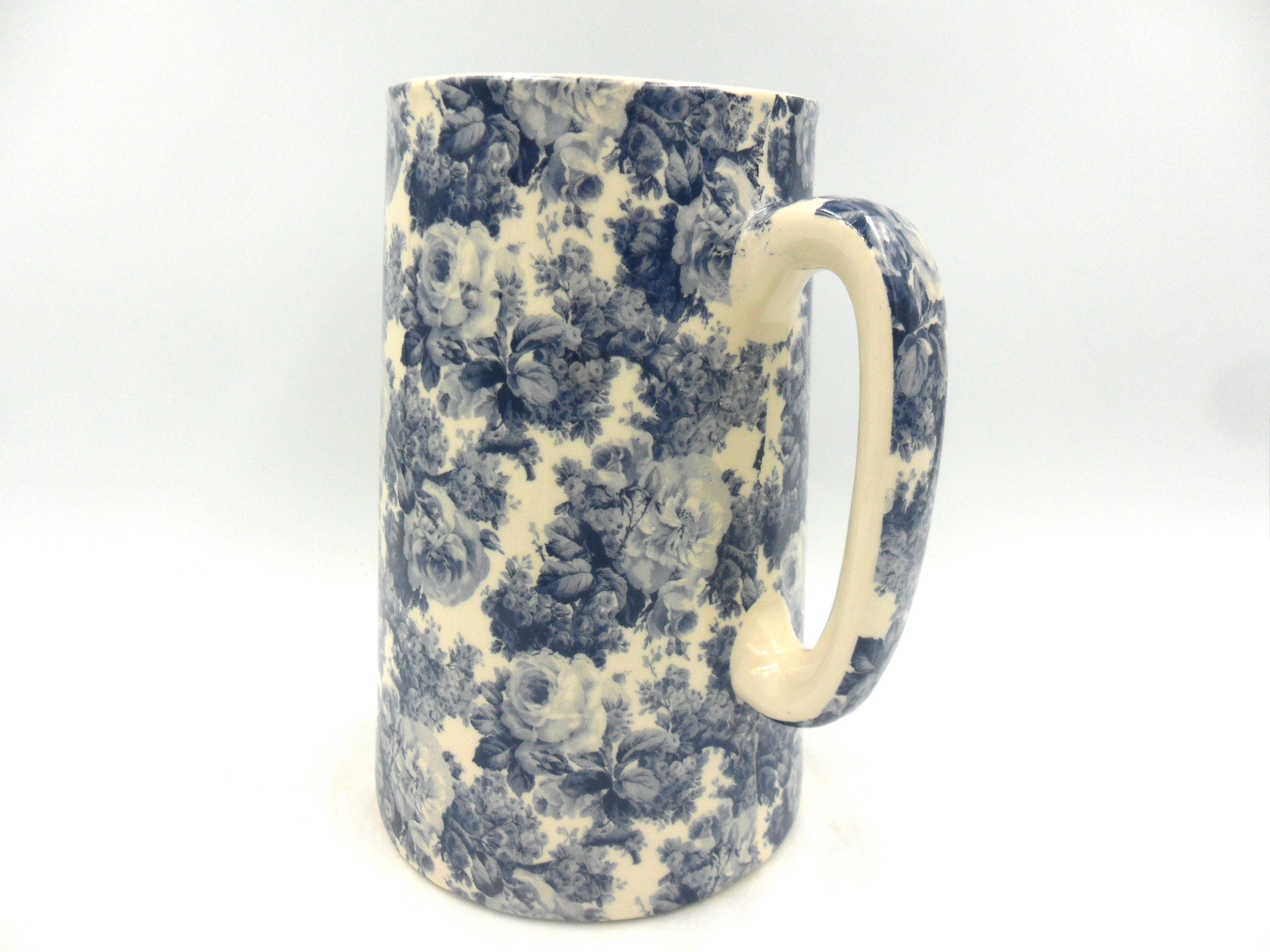 2 Pint Earthenware Jug in Blue Laura Design by Heron Cross Pottery