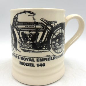 Tankard Mug in vintage 1913 Royal Enfield Model 140 motorbike design.