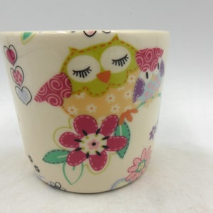 Peut inclure: Une tasse en céramique blanche avec un motif d'hibou et de fleurs colorées. Le hibou a les yeux fermés et est entouré de fleurs roses, violettes et vertes.