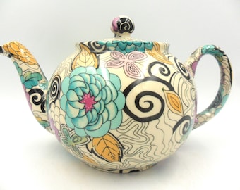 2 Cup Teapot in Psychedelic Woodstock design by Heron Cross Pottery