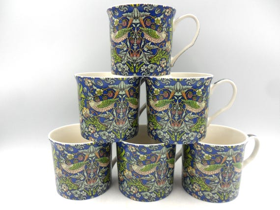 Set of 6 William Morris Blue Strawberry Thief Design Palace Mugs