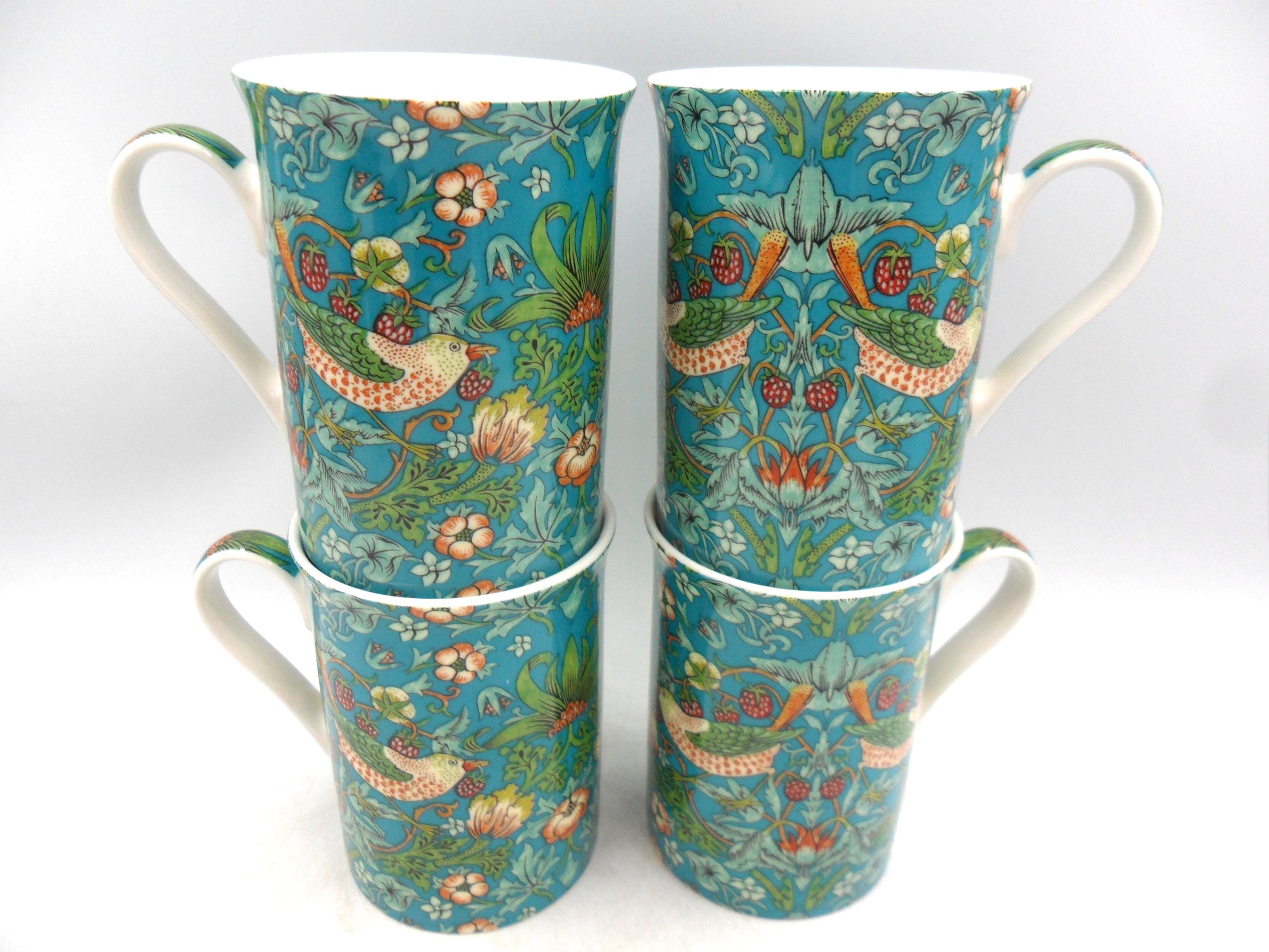 Set of 4 William Morris Teal Strawberry Thief Straight Chintz Mugs