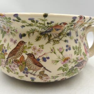 以下が含まれることがあります： クリーム色のセラミック製の便器。取っ手付きで、カラフルな鳥、花、ベリーで装飾されています。デザインには、緑の葉と紫のアザミの間に止まっている茶色、赤、青の鳥が含まれています。