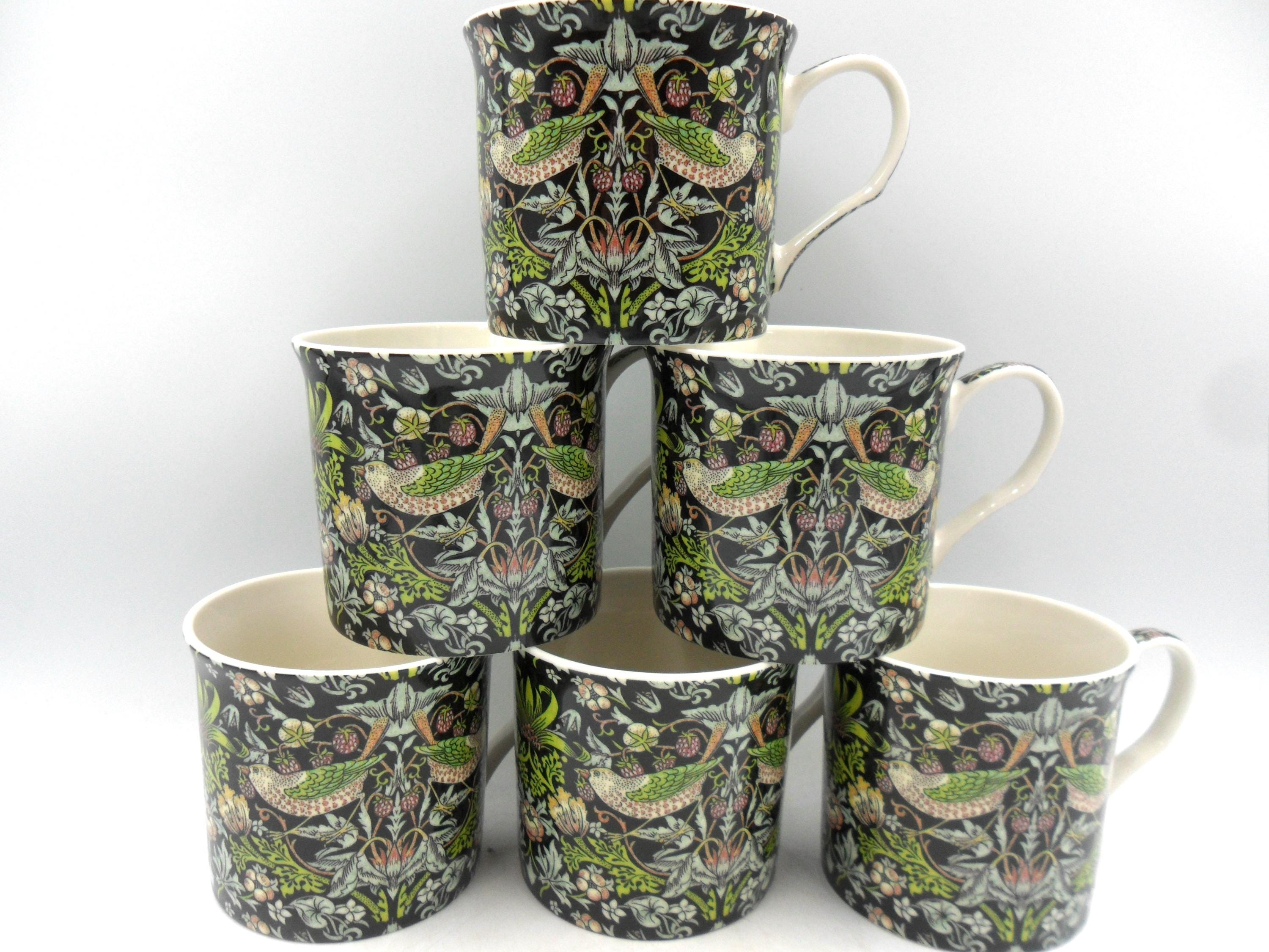 Set of 6 William Morris Black Strawberry Thief Design Palace Mugs
