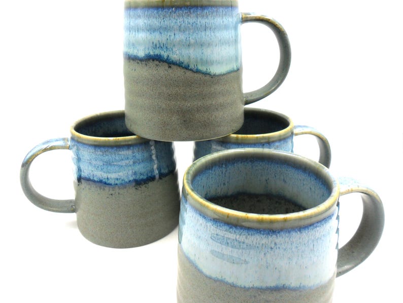 Set of 4 Matt Grey & Sea Blue Ceramic Mugs