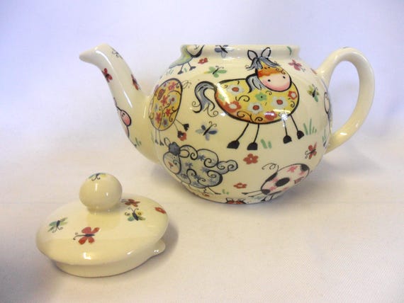 2 Cup Teapot in Quirky Crazy Farm Design by Heron Cross Pottery