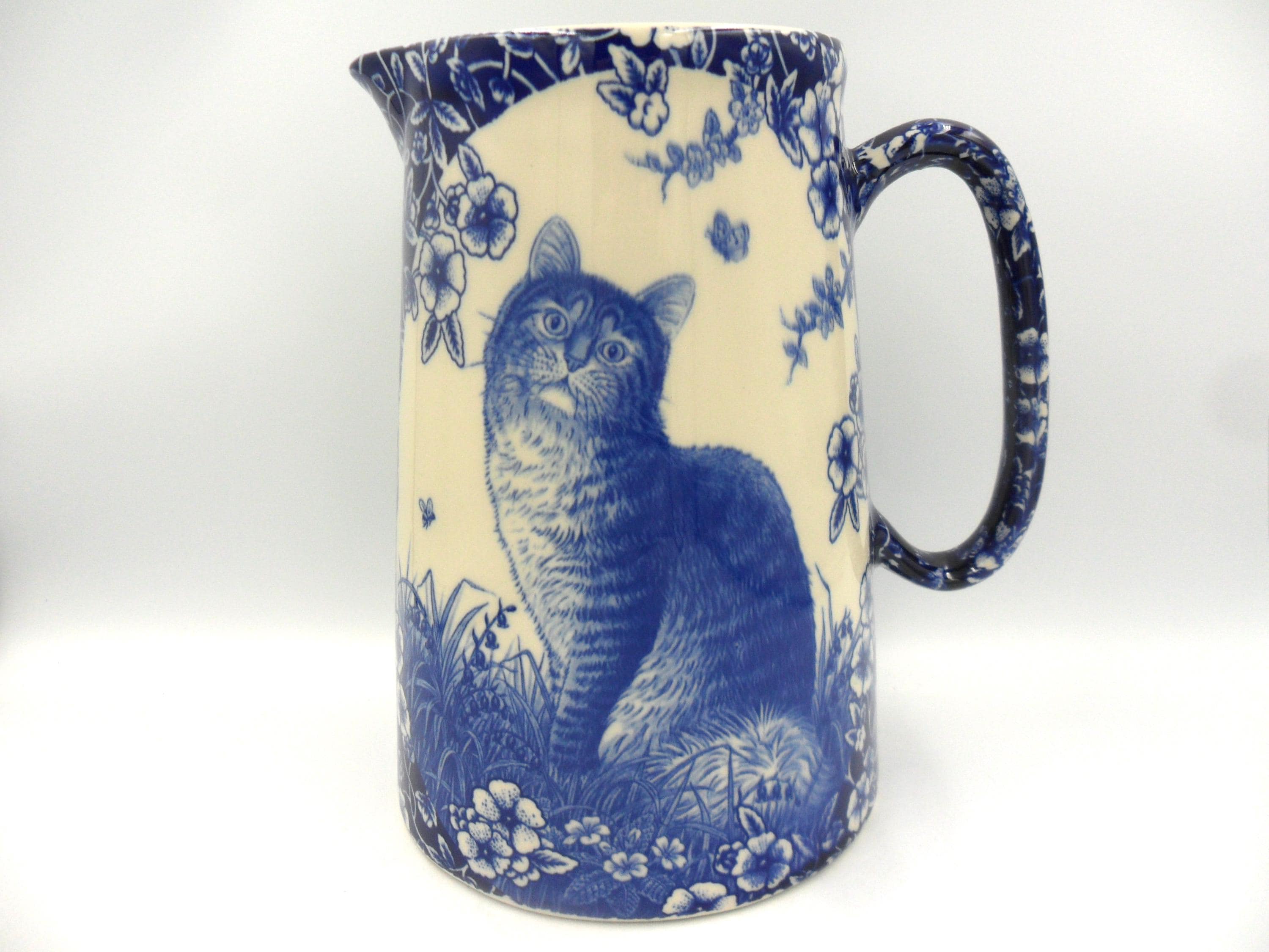 4 Pint Earthenware Jug in Blue Calico Cat Design by Heron Cross