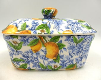 Butterdish in Lemon Blossom Chintz design by Heron Cross Pottery.