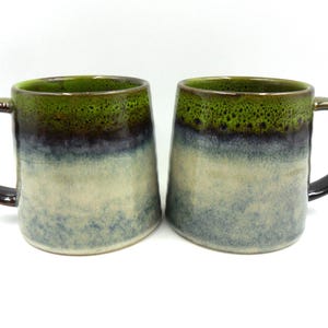 Set of 2 Reactive Glaze Creme Brulee Mugs in Light Green and Blue Mist.