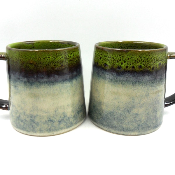 Set of 2 Reactive Glaze Creme Brulee Mugs in Light Green and Blue Mist.