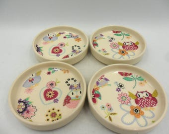 パッチワークフクロウデザインのセラミック縁付きコースター4枚セット