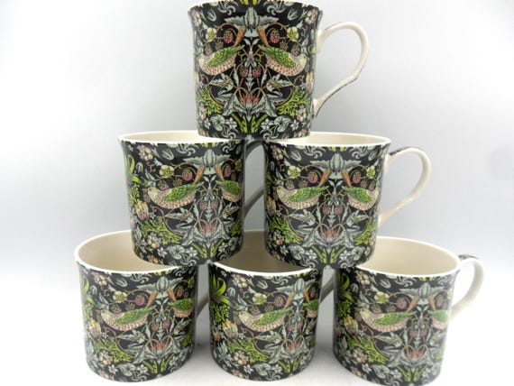 Set of 6 William Morris Black Strawberry Thief Design Palace Mugs