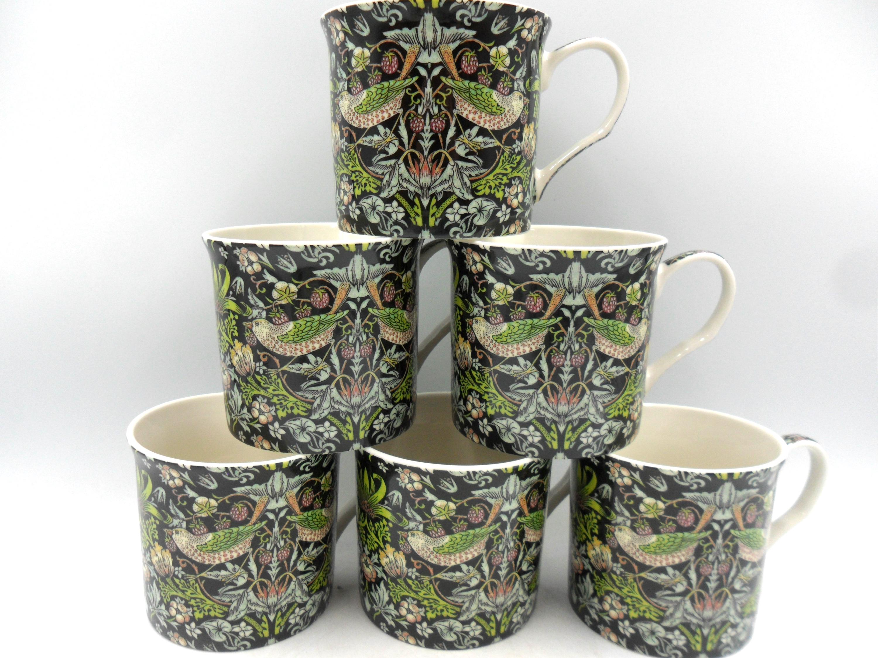 Set of 6 William Morris Black Strawberry Thief Design Palace Mugs