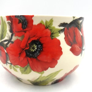 Large open Sugar bowl in Vibrant red Poppy design by Heron Cross Pottery
