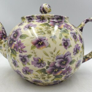 6 Cup Teapot in Purple Pansy Design by Heron Cross Pottery