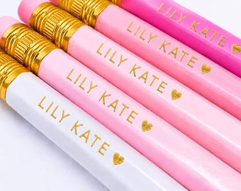 Personalized Pink Engraved Pencils | Custom Gold Foil Name, School Supplies